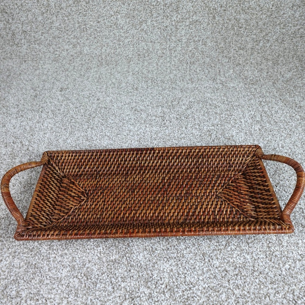 Pampered Chef Woven Selections Rattan Serving Tray Rectangular Brown Wood Base